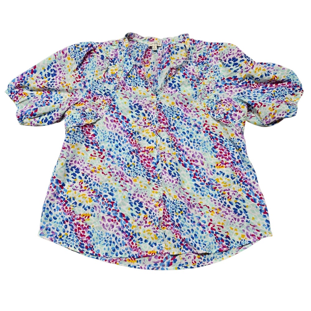 Umgee USA 1XL Multicolor Floral Print Ruffle‎ V-Neck Short Sleeve Blouse